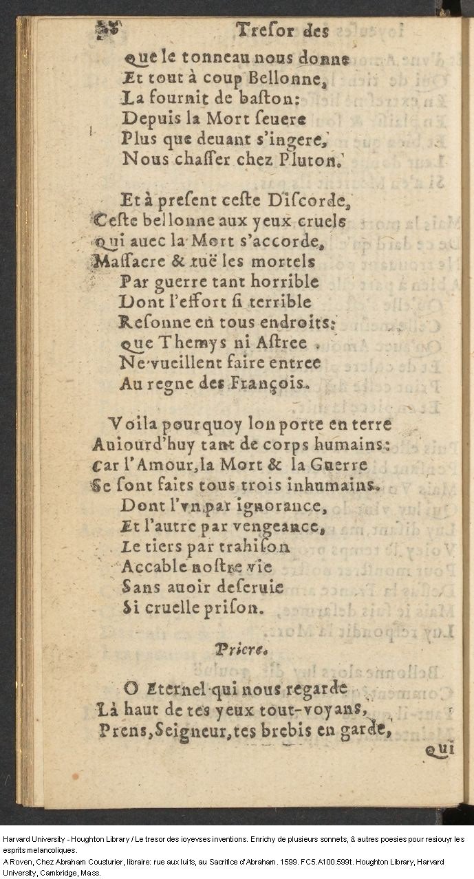 1599 - Abraham Le Cousturier - Trésor des joyeuses inventions du parangon de poésies - Harvard University 1599 - Abraham Le Cousturier - Trésor des joyeuses inventions du parangon de poésies - Harvard University