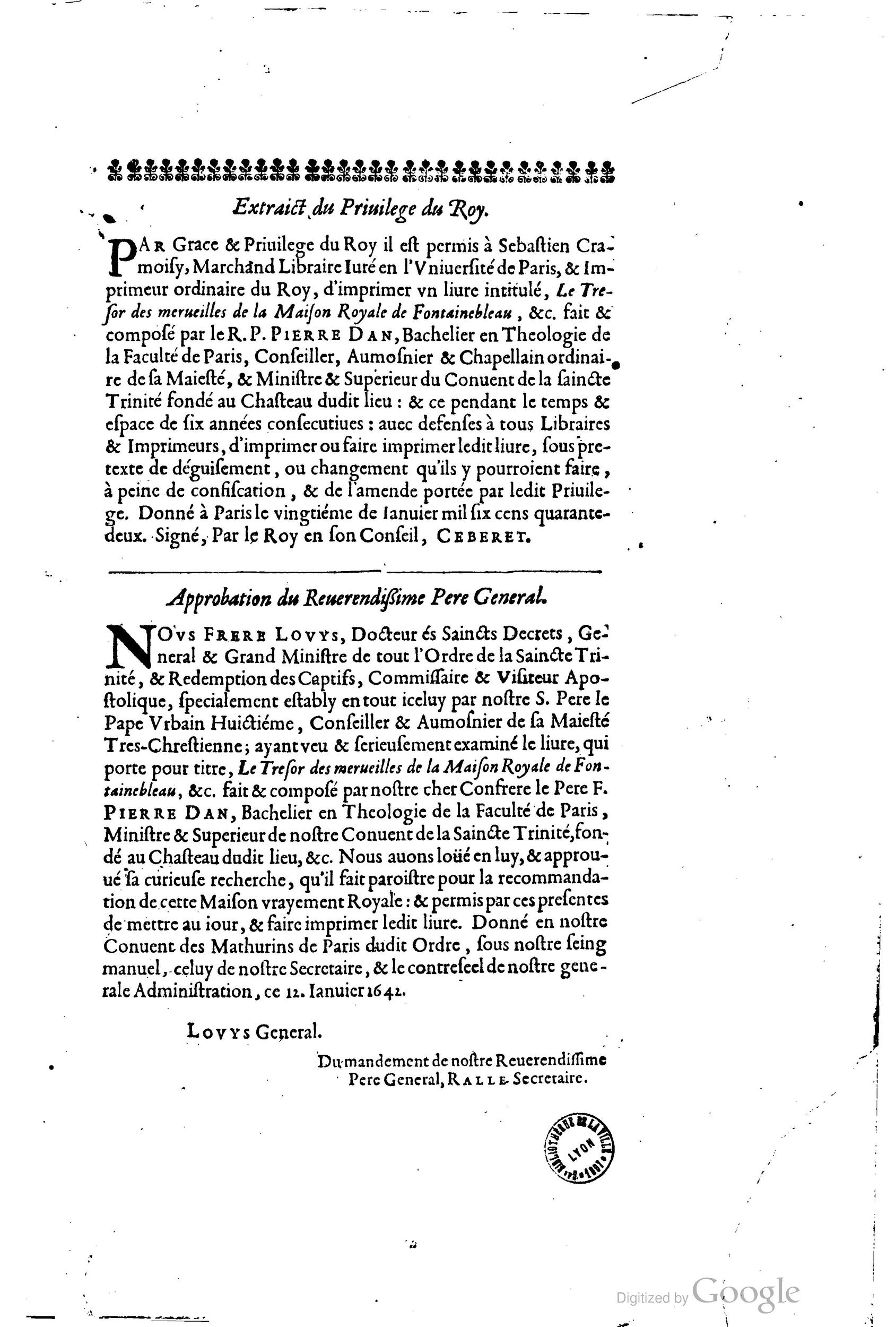 1642 - Sébastien Cramoisy - Trésor des merveilles de la maison royale de Fontainebleau - BM Lyon 1642 - Sébastien Cramoisy - Trésor des merveilles de la maison royale de Fontainebleau - BM Lyon
