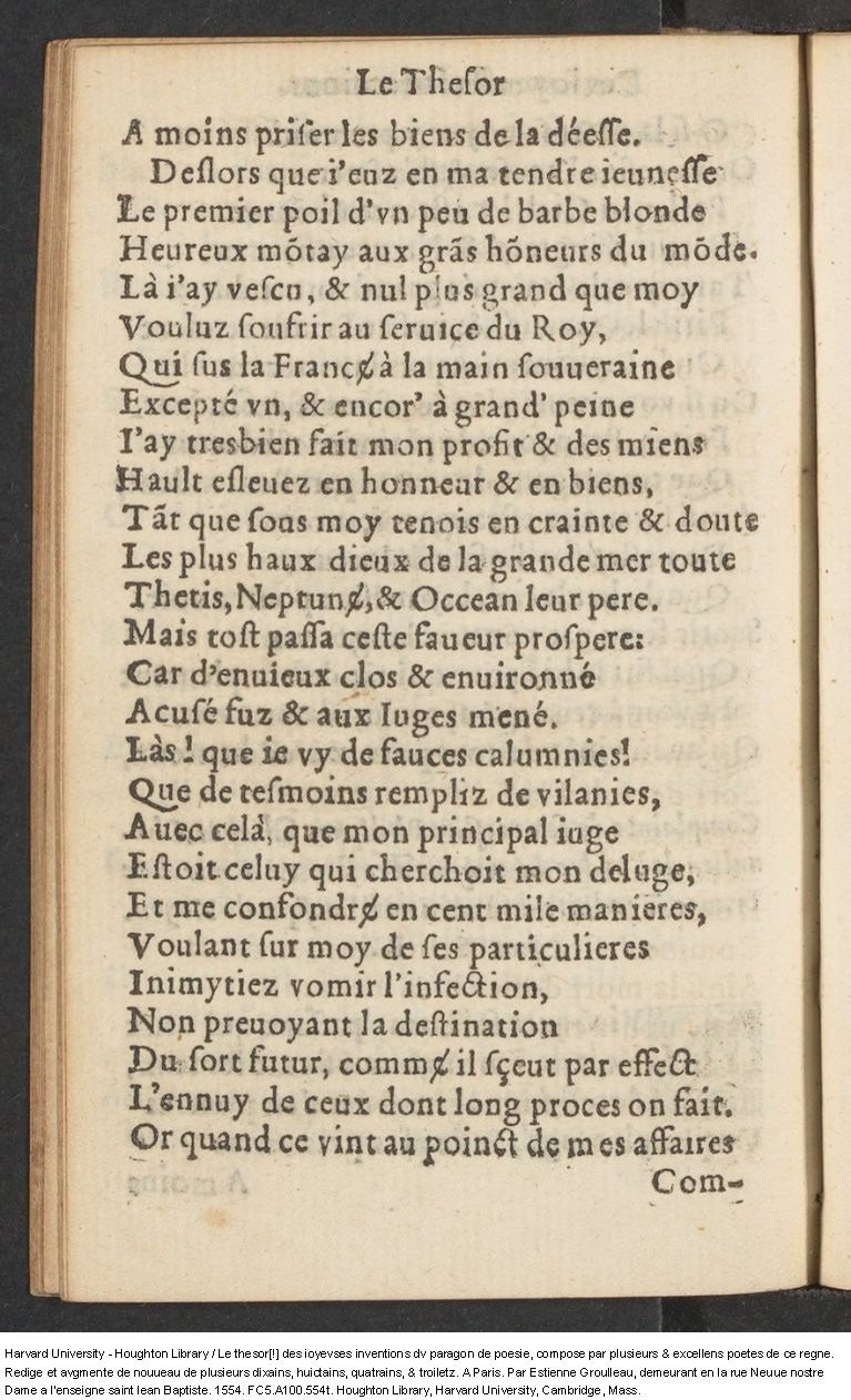 1554 - Étienne Groulleau - Trésor des joyeuses inventions du parangon de poésies - Harvard University