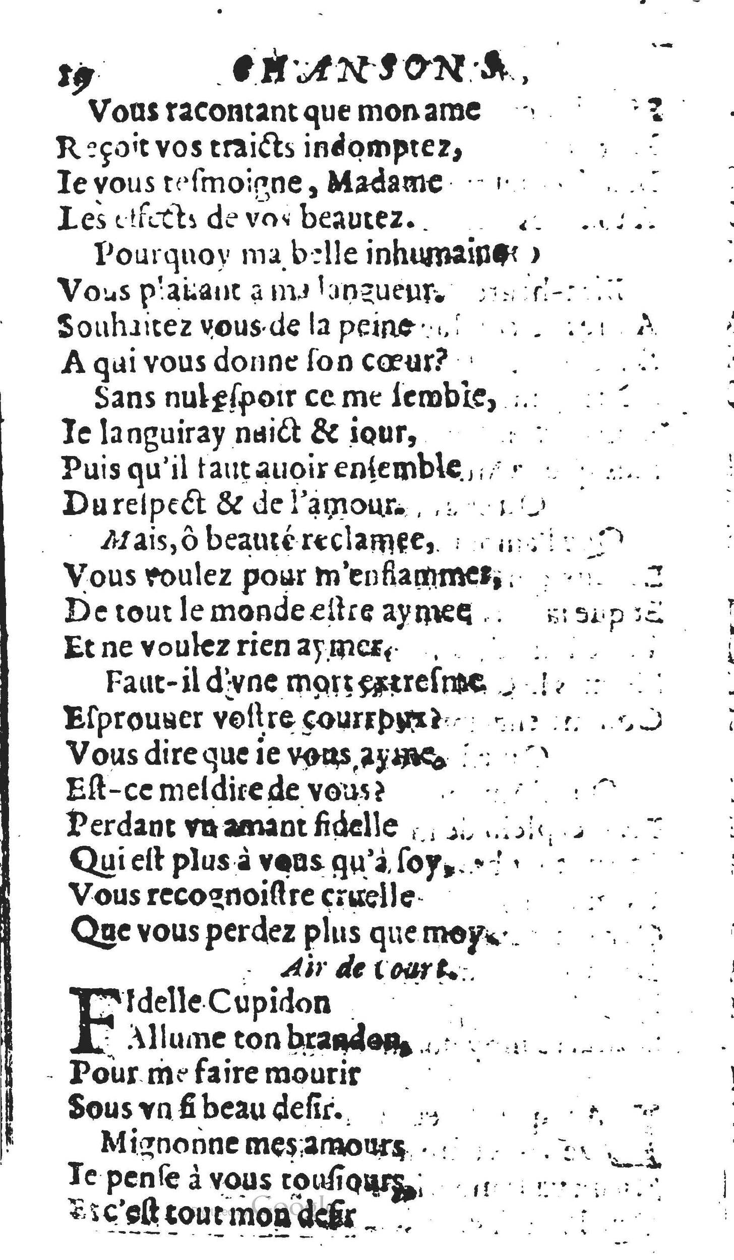 1606 - Théodore Reinsart - Trésor des chansons amoureuses recueillies des plus excellents airs de cour - Livre II - NK ČR Prague