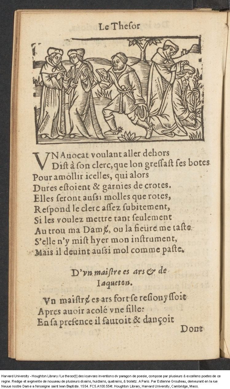 1554 - Étienne Groulleau - Trésor des joyeuses inventions du parangon de poésies - Harvard University