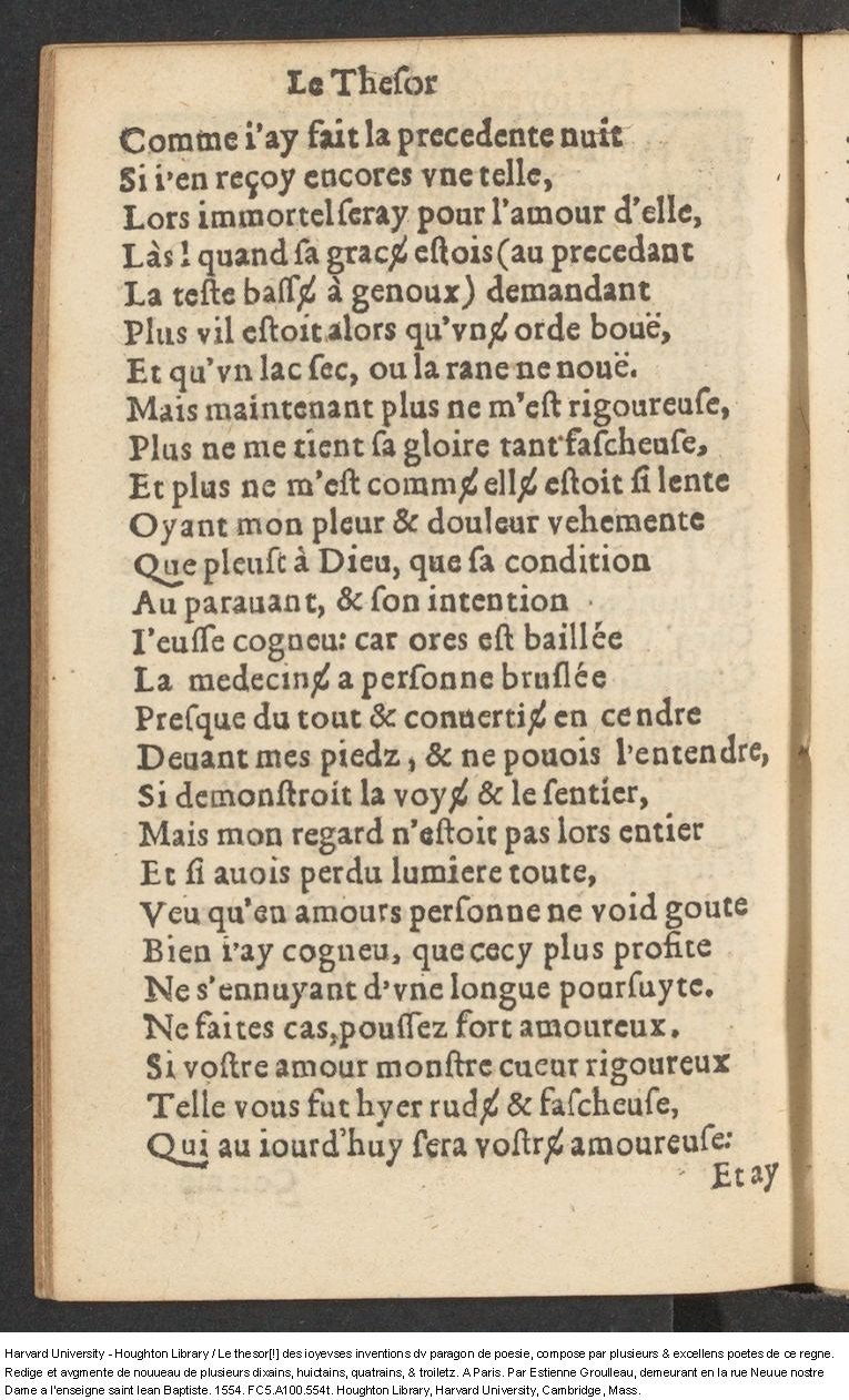 1554 - Étienne Groulleau - Trésor des joyeuses inventions du parangon de poésies - Harvard University
