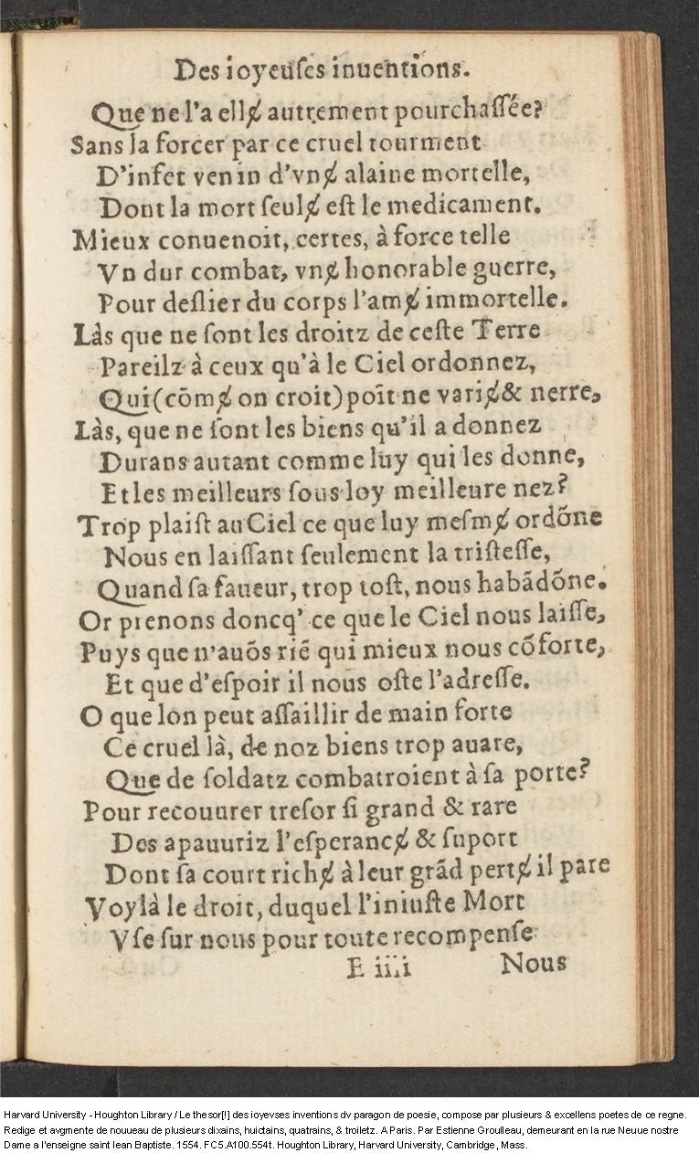 1554 - Étienne Groulleau - Trésor des joyeuses inventions du parangon de poésies - Harvard University