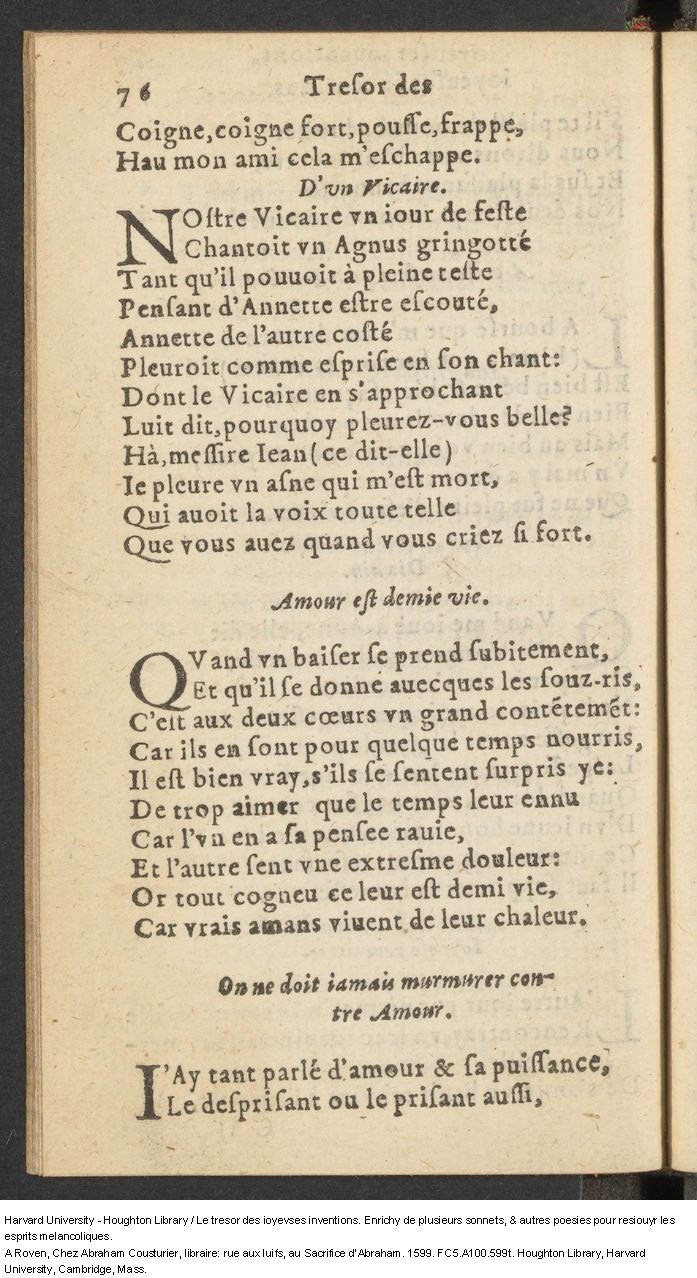 1599 - Abraham Le Cousturier - Trésor des joyeuses inventions du parangon de poésies - Harvard University 1599 - Abraham Le Cousturier - Trésor des joyeuses inventions du parangon de poésies - Harvard University