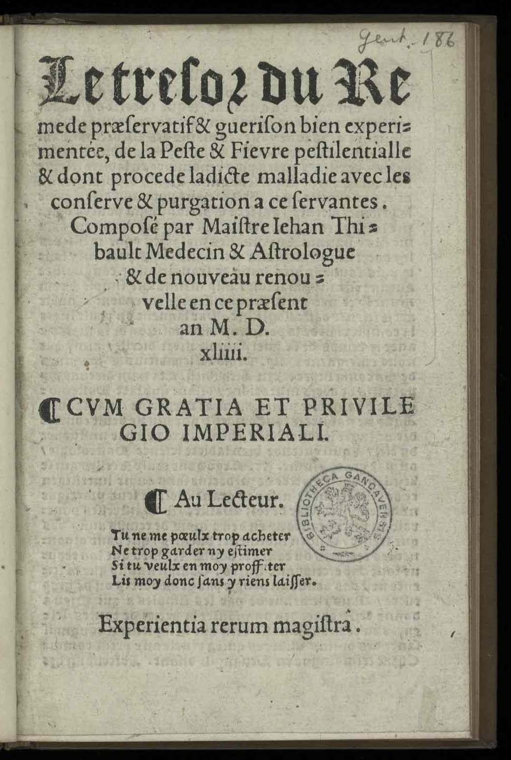 1544 - Josse Lambert - Trésor du remède préservatif et guérison de la peste - UGent