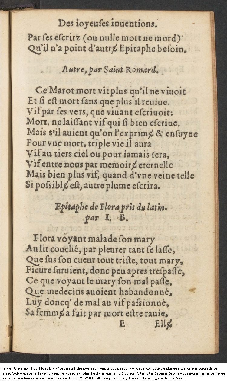 1554 - Étienne Groulleau - Trésor des joyeuses inventions du parangon de poésies - Harvard University