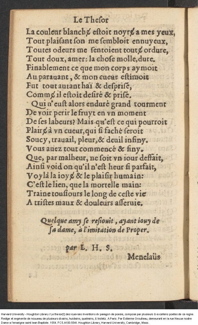 1554 - Étienne Groulleau - Trésor des joyeuses inventions du parangon de poésies - Harvard University