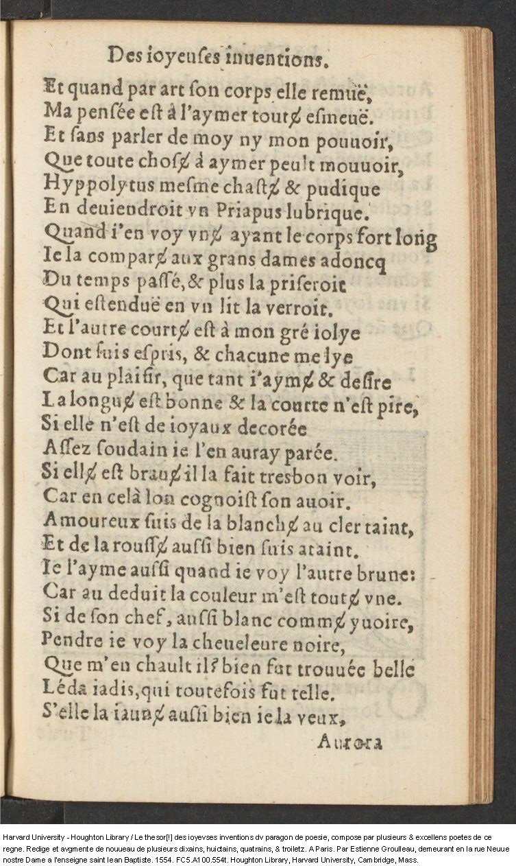 1554 - Étienne Groulleau - Trésor des joyeuses inventions du parangon de poésies - Harvard University