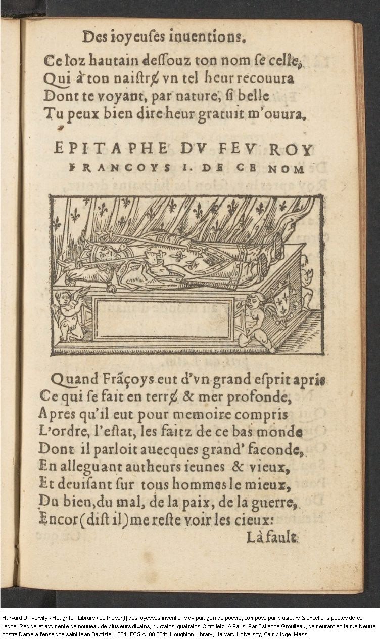 1554 - Étienne Groulleau - Trésor des joyeuses inventions du parangon de poésies - Harvard University