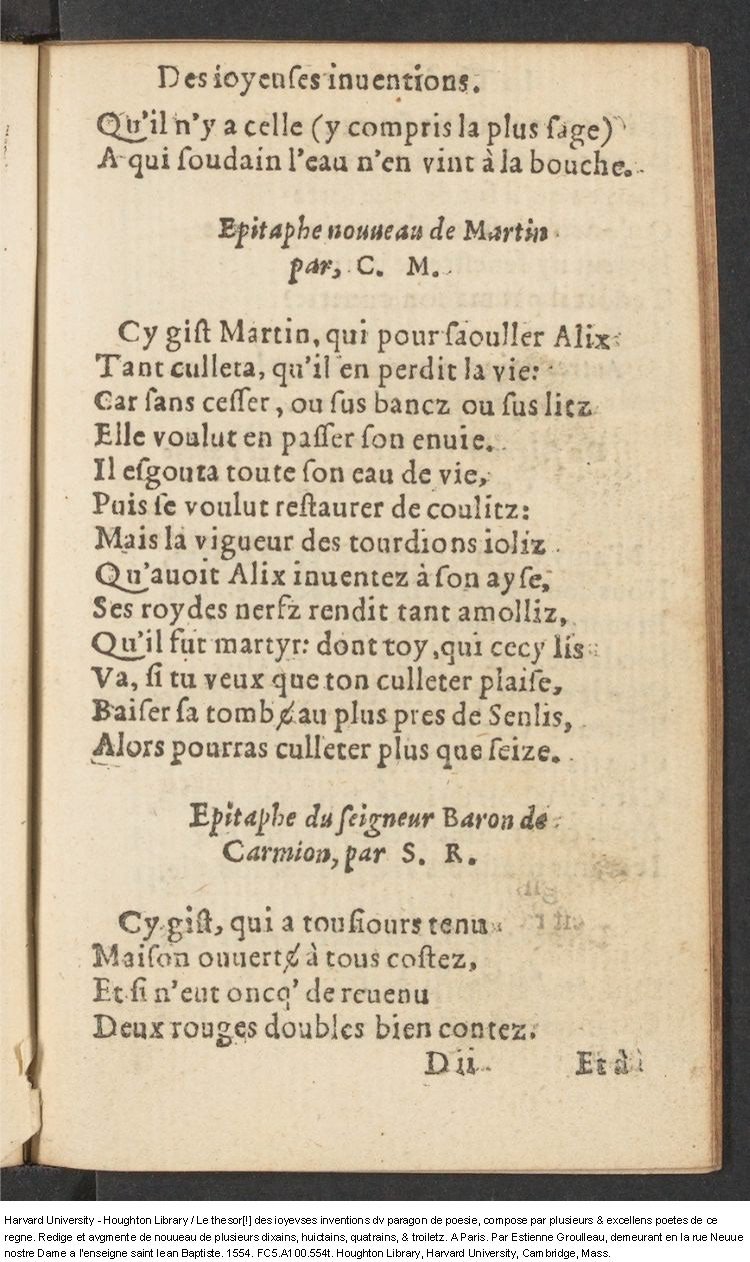 1554 - Étienne Groulleau - Trésor des joyeuses inventions du parangon de poésies - Harvard University