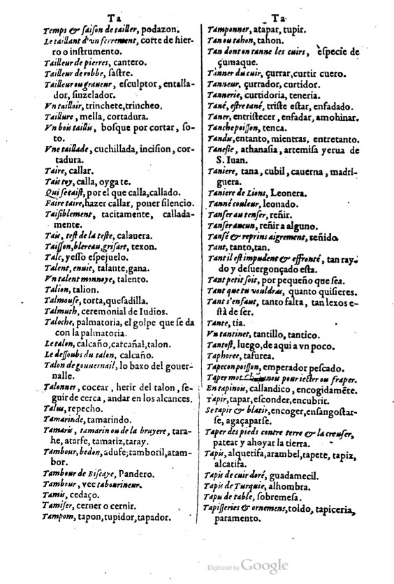 1621 - Adrian Tiffaine - Trésor des deux langues espagnole et française - BM Lyon