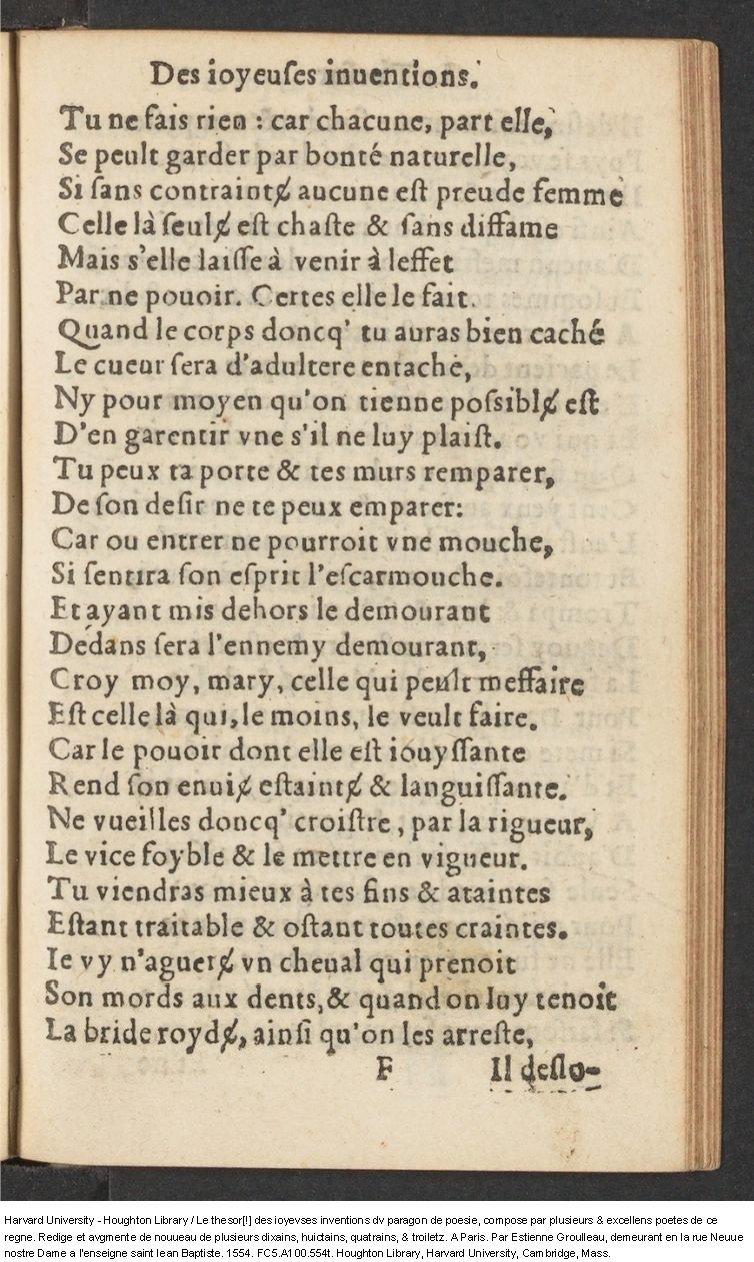 1554 - Étienne Groulleau - Trésor des joyeuses inventions du parangon de poésies - Harvard University