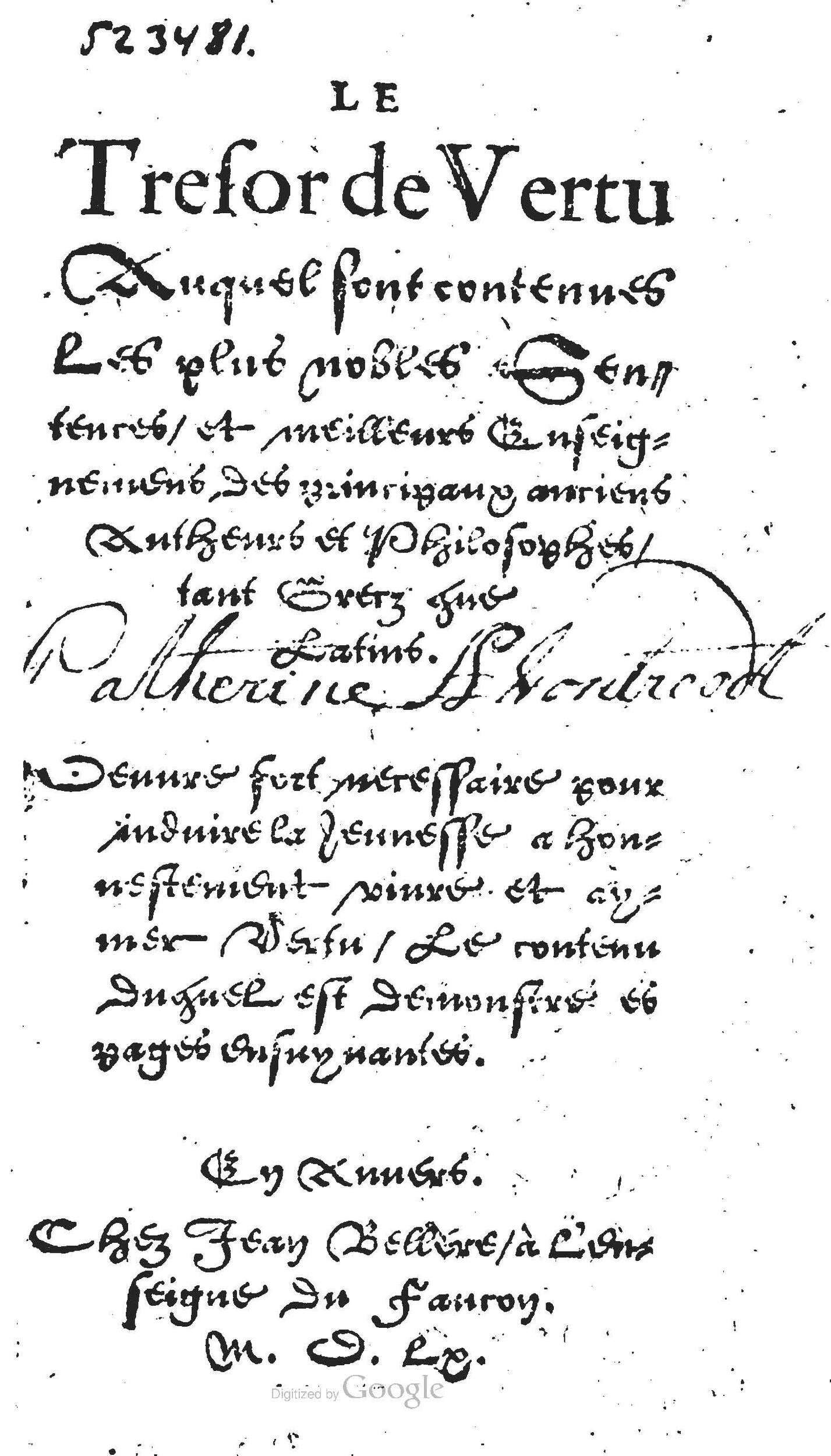 1560 - Jean Bellère - Trésor de vertu - Det Kongelige Bibliotek 1560 - Jean Bellère - Trésor de vertu - Det Kongelige Bibliotek