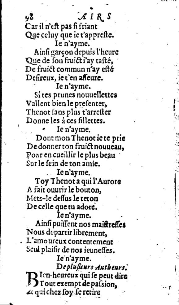 1606 - Théodore Reinsart - Trésor des chansons amoureuses recueillies des plus excellents airs de cour - Livre I - NK ČR Prague