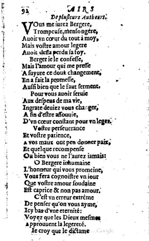 1606 - Théodore Reinsart - Trésor des chansons amoureuses recueillies des plus excellents airs de cour - Livre I - NK ČR Prague