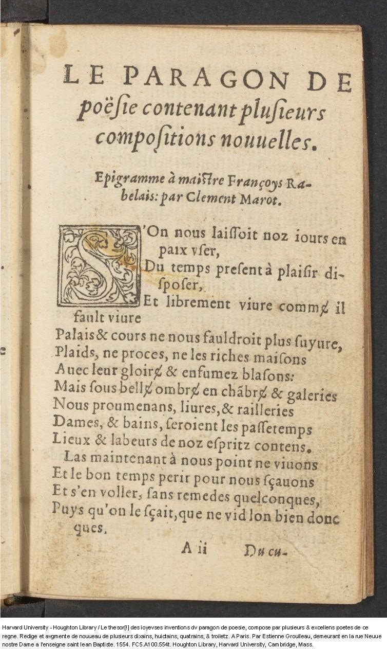1554 - Étienne Groulleau - Trésor des joyeuses inventions du parangon de poésies - Harvard University