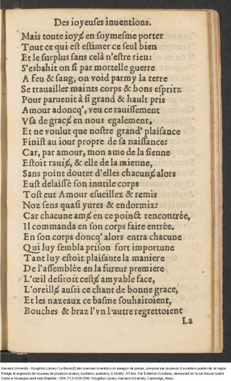1554 - Étienne Groulleau - Trésor des joyeuses inventions du parangon de poésies - Harvard University