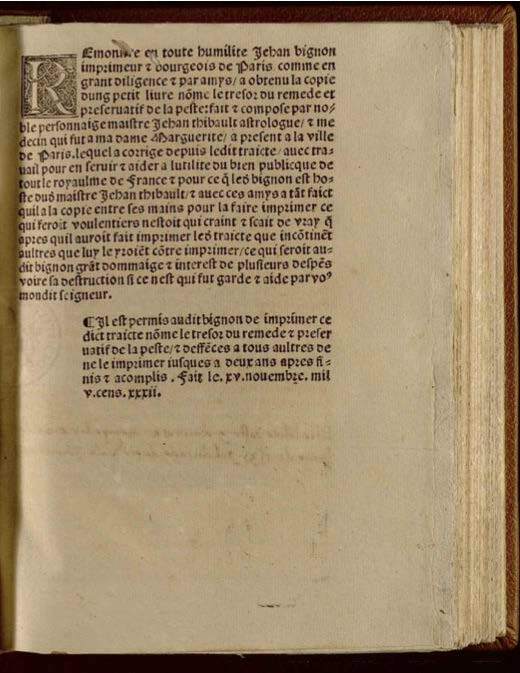 1532 - Jean Bignon - Trésor du remède préservatif et guérison de la peste - Séville Capitular y Colombina 1532 - Jean Bignon - Trésor du remède préservatif et guérison de la peste - Séville Capitular y Colombina