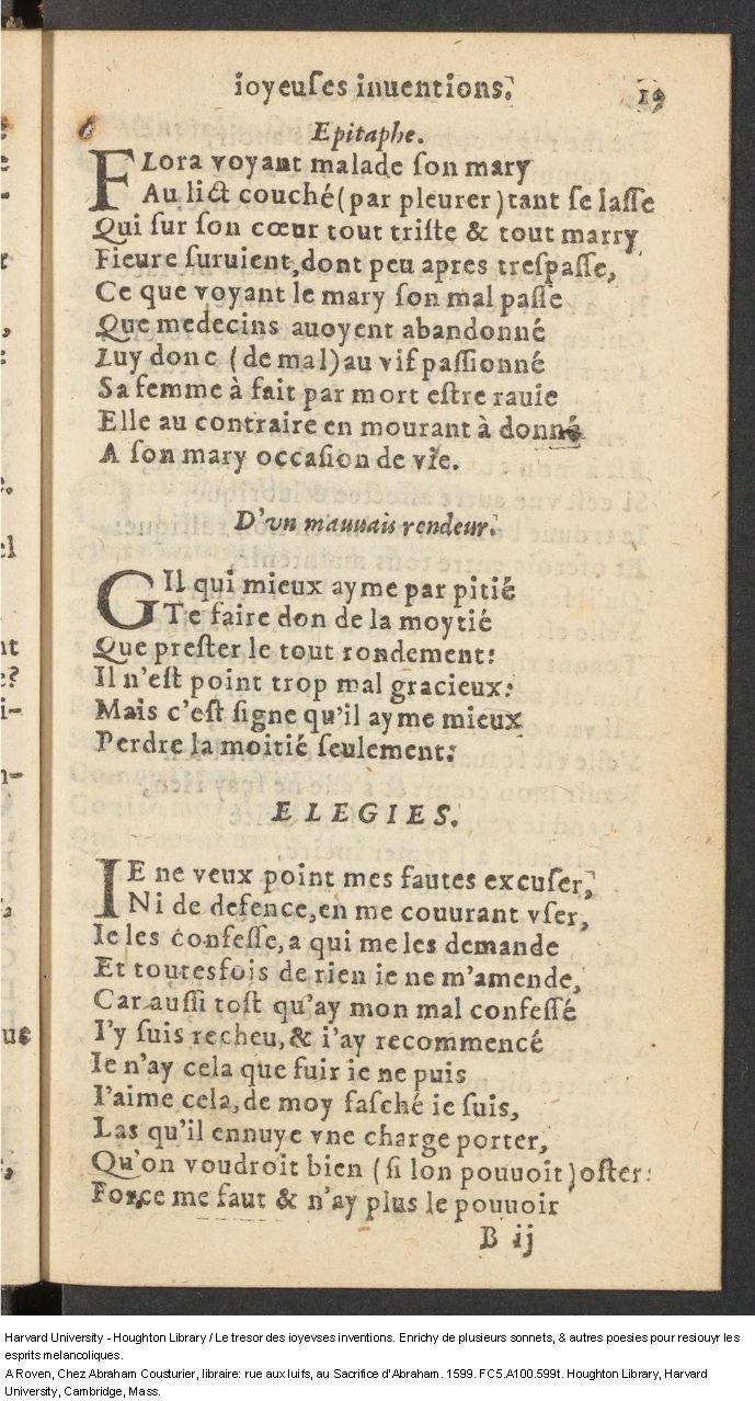 1599 - Abraham Le Cousturier - Trésor des joyeuses inventions du parangon de poésies - Harvard University 1599 - Abraham Le Cousturier - Trésor des joyeuses inventions du parangon de poésies - Harvard University