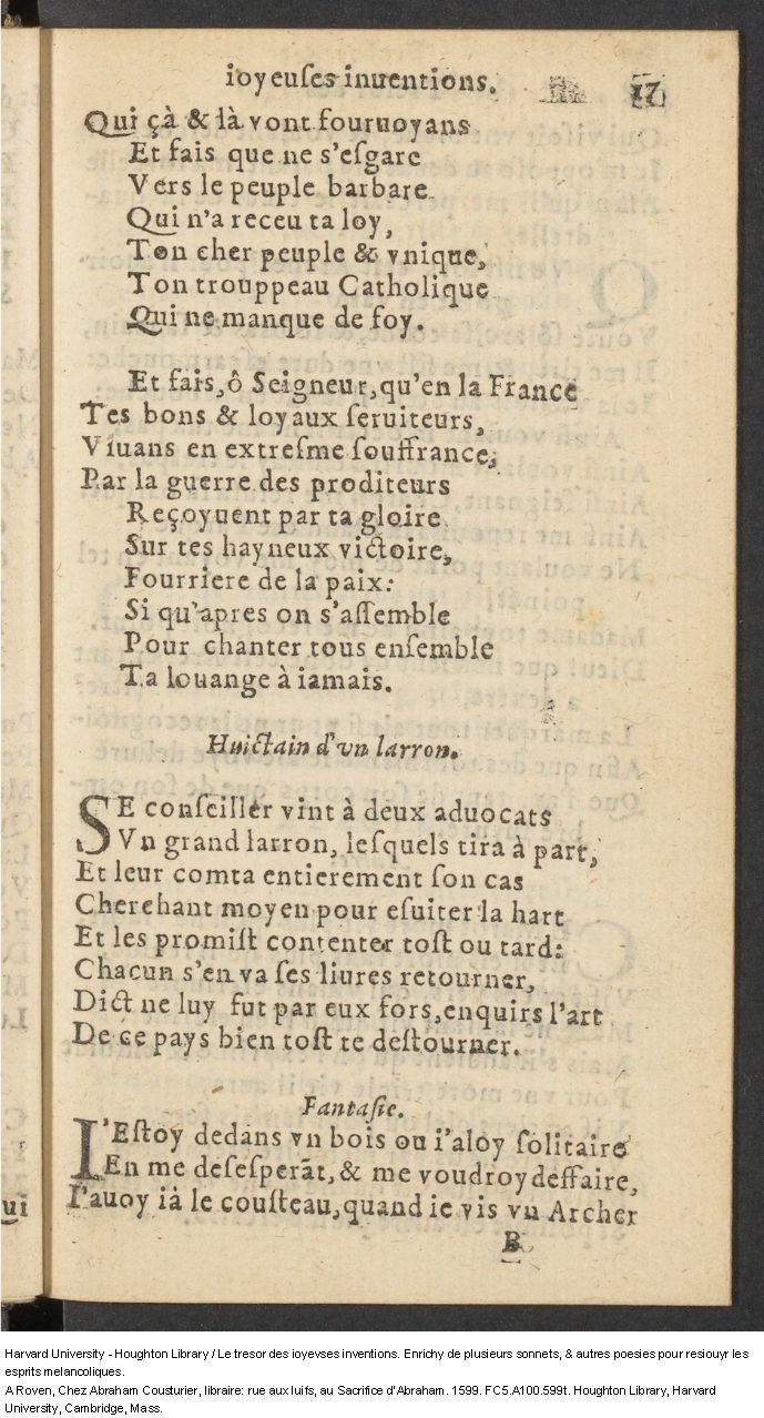 1599 - Abraham Le Cousturier - Trésor des joyeuses inventions du parangon de poésies - Harvard University 1599 - Abraham Le Cousturier - Trésor des joyeuses inventions du parangon de poésies - Harvard University