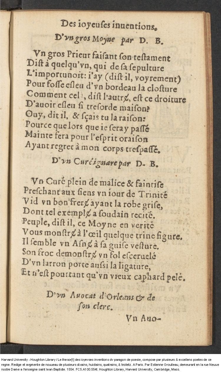1554 - Étienne Groulleau - Trésor des joyeuses inventions du parangon de poésies - Harvard University
