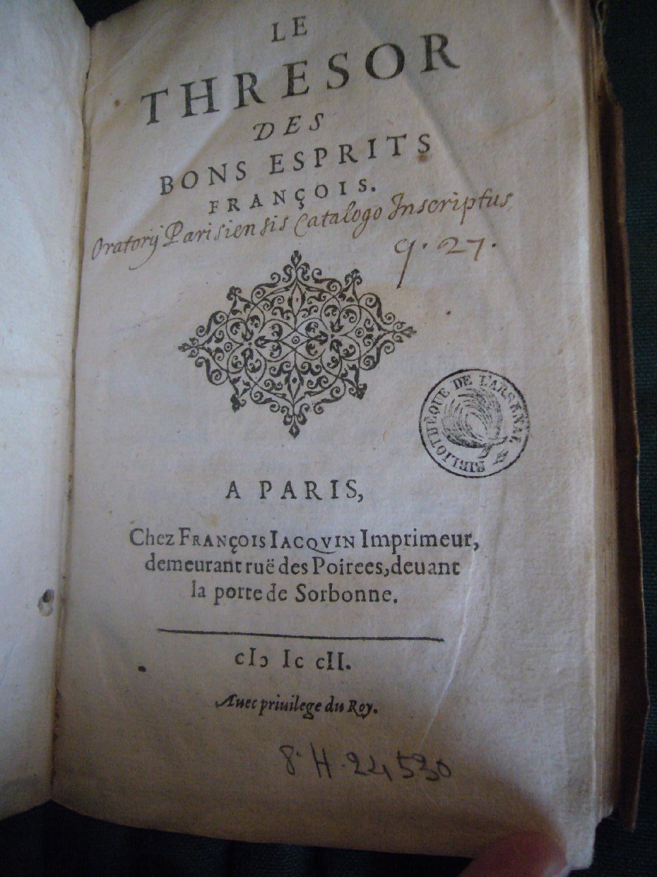 1602 - François Jacquin - Trésor des bons esprits français - BnF Arsenal