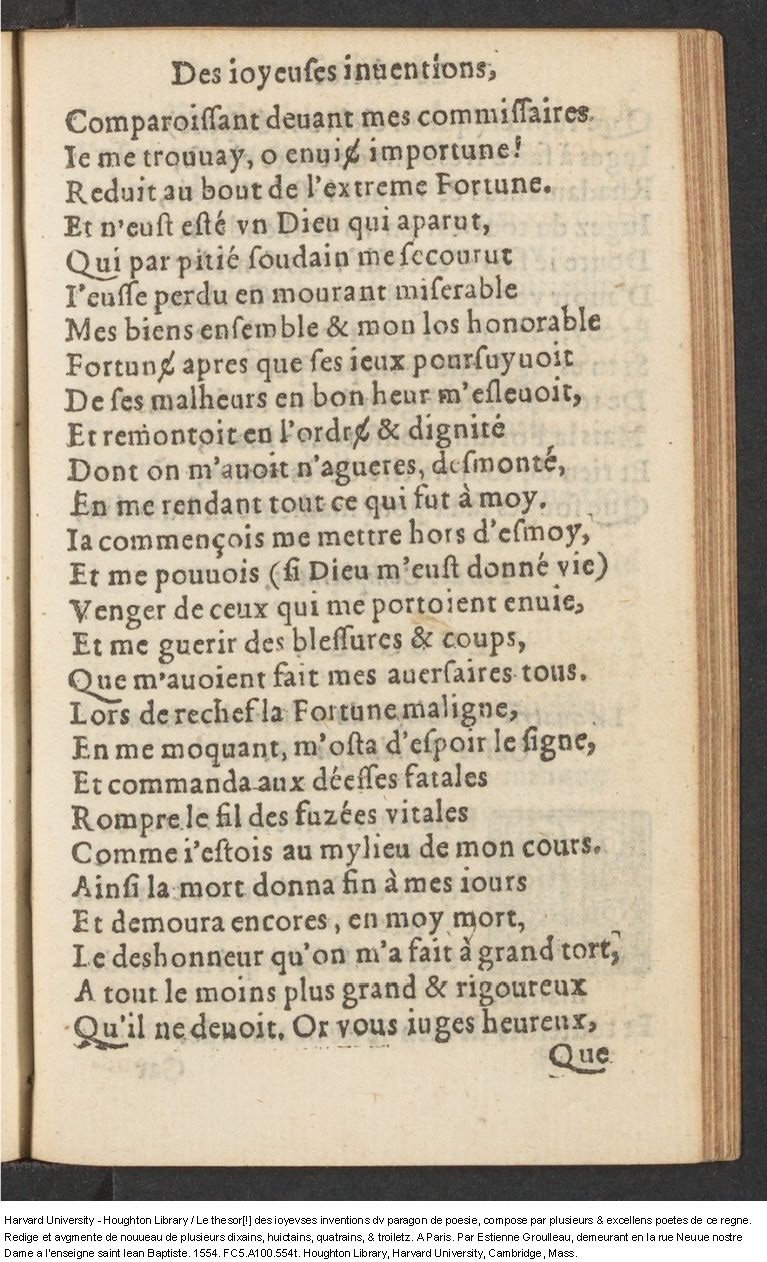 1554 - Étienne Groulleau - Trésor des joyeuses inventions du parangon de poésies - Harvard University