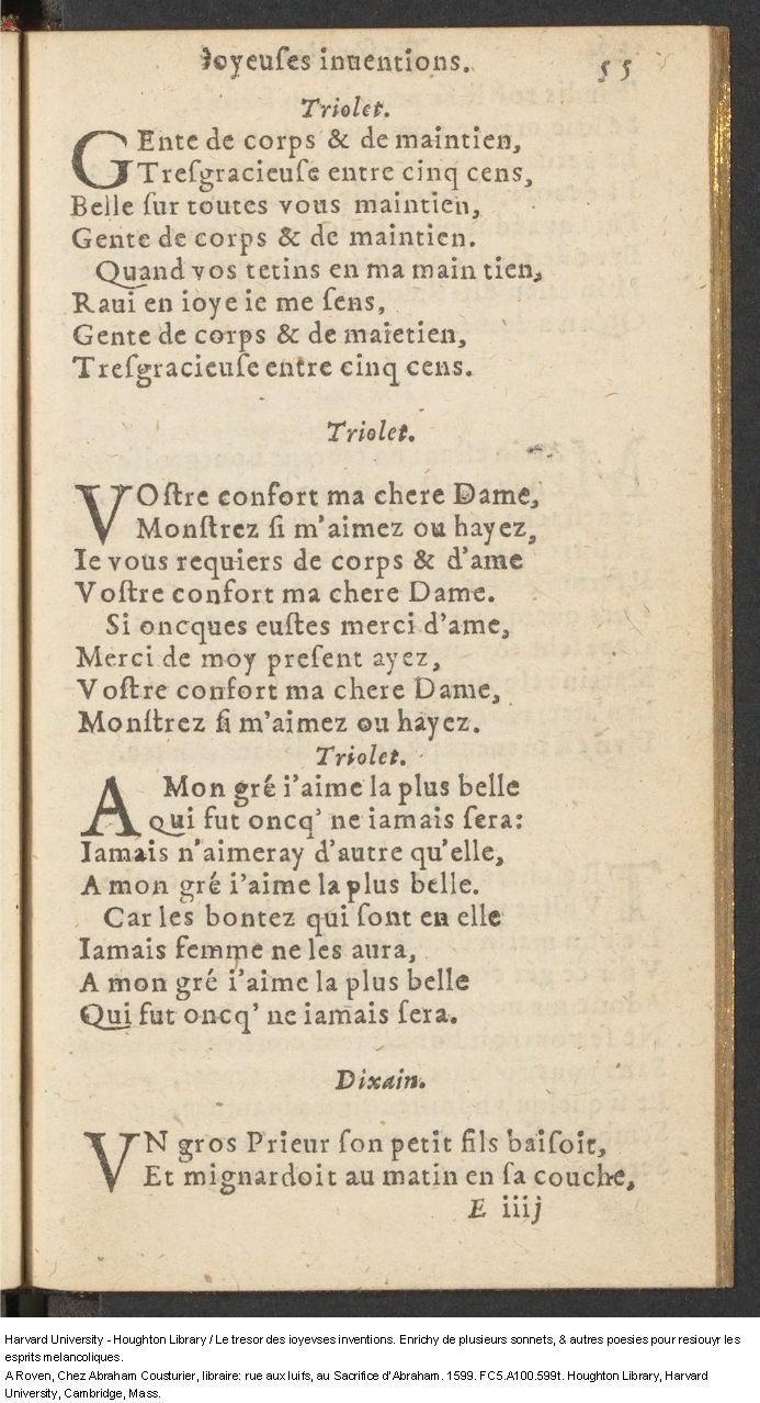 1599 - Abraham Le Cousturier - Trésor des joyeuses inventions du parangon de poésies - Harvard University 1599 - Abraham Le Cousturier - Trésor des joyeuses inventions du parangon de poésies - Harvard University