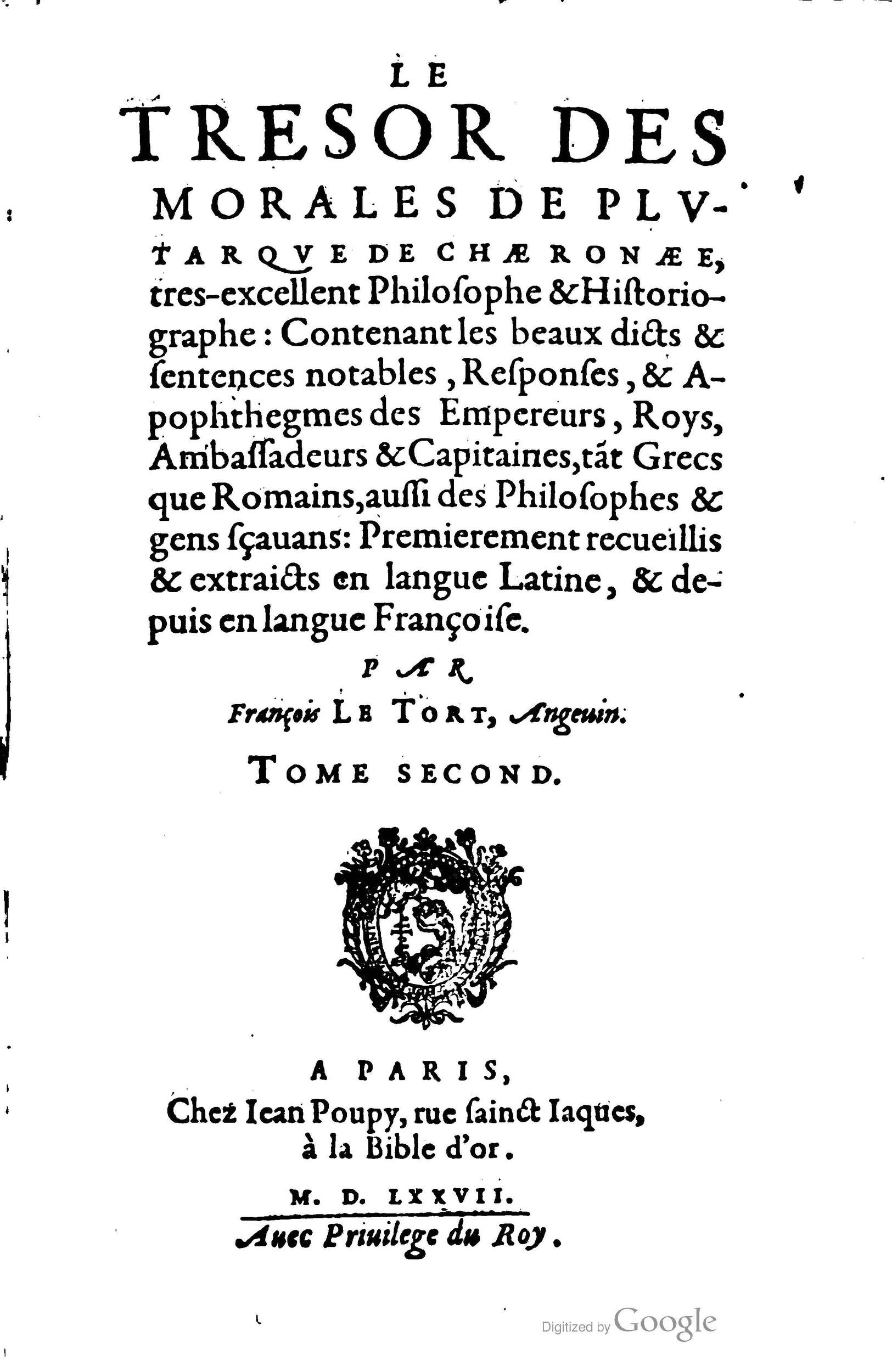 1578 - Jean Poupy - Trésor des morales de Plutarque - BSB Munich