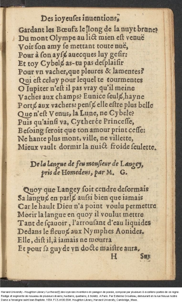 1554 - Étienne Groulleau - Trésor des joyeuses inventions du parangon de poésies - Harvard University