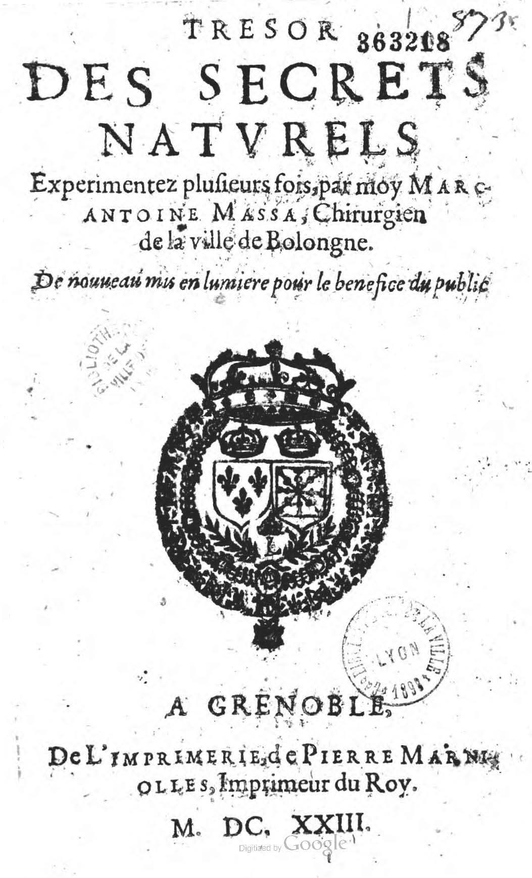 1623 - Pierre Marniolles - Trésor des secrets naturels - BM Lyon
