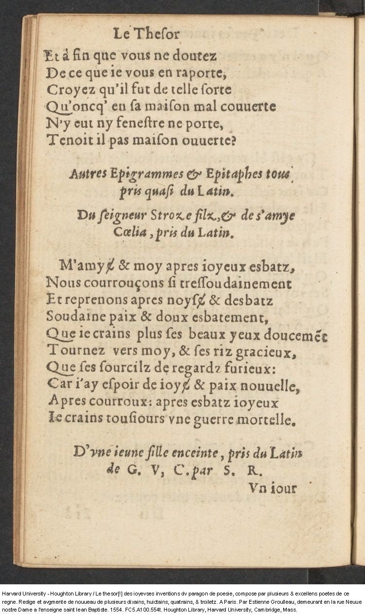 1554 - Étienne Groulleau - Trésor des joyeuses inventions du parangon de poésies - Harvard University