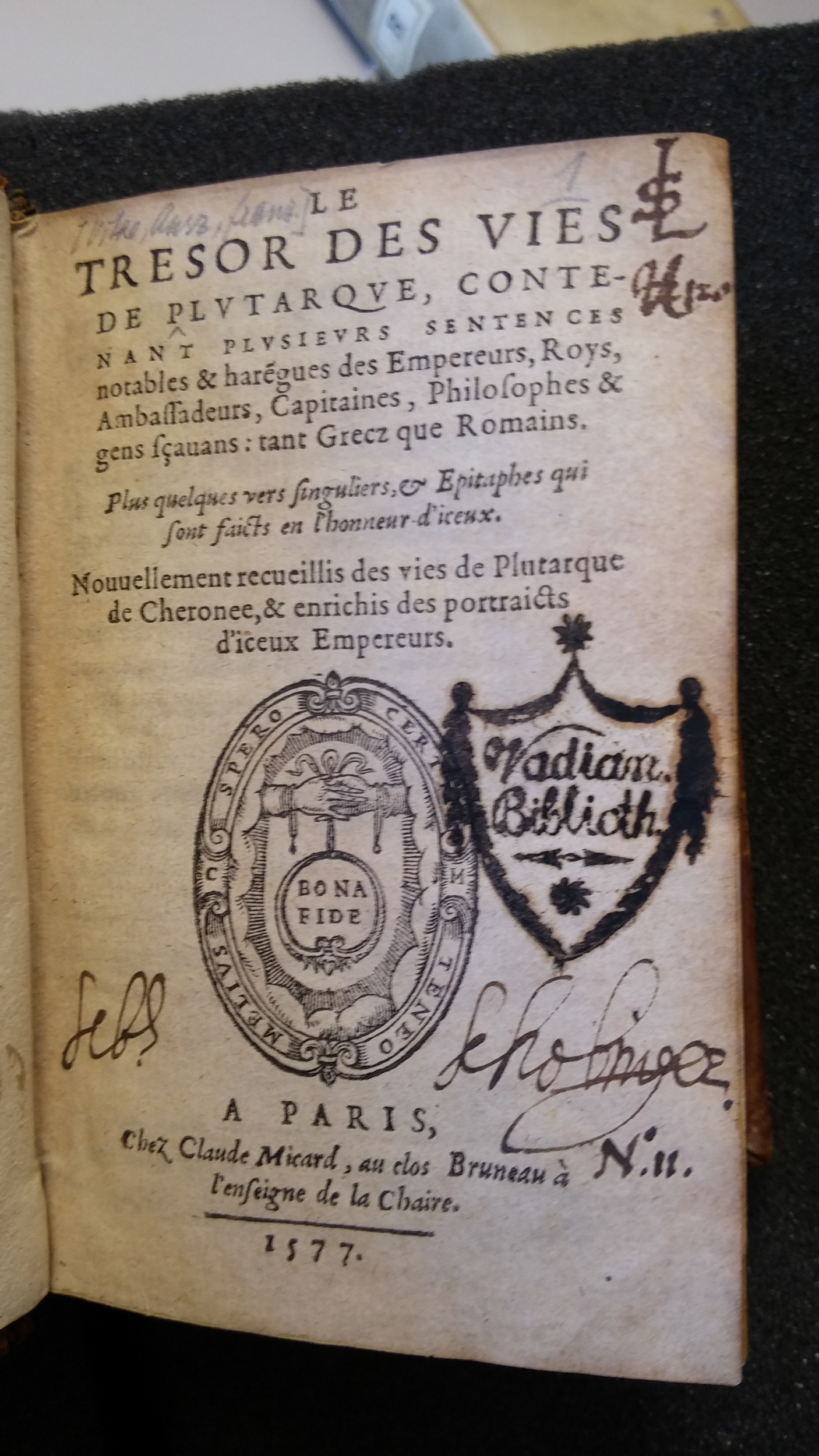 1577 - Claude Micard - Trésor des vies de Plutarque - Saint-Gallen