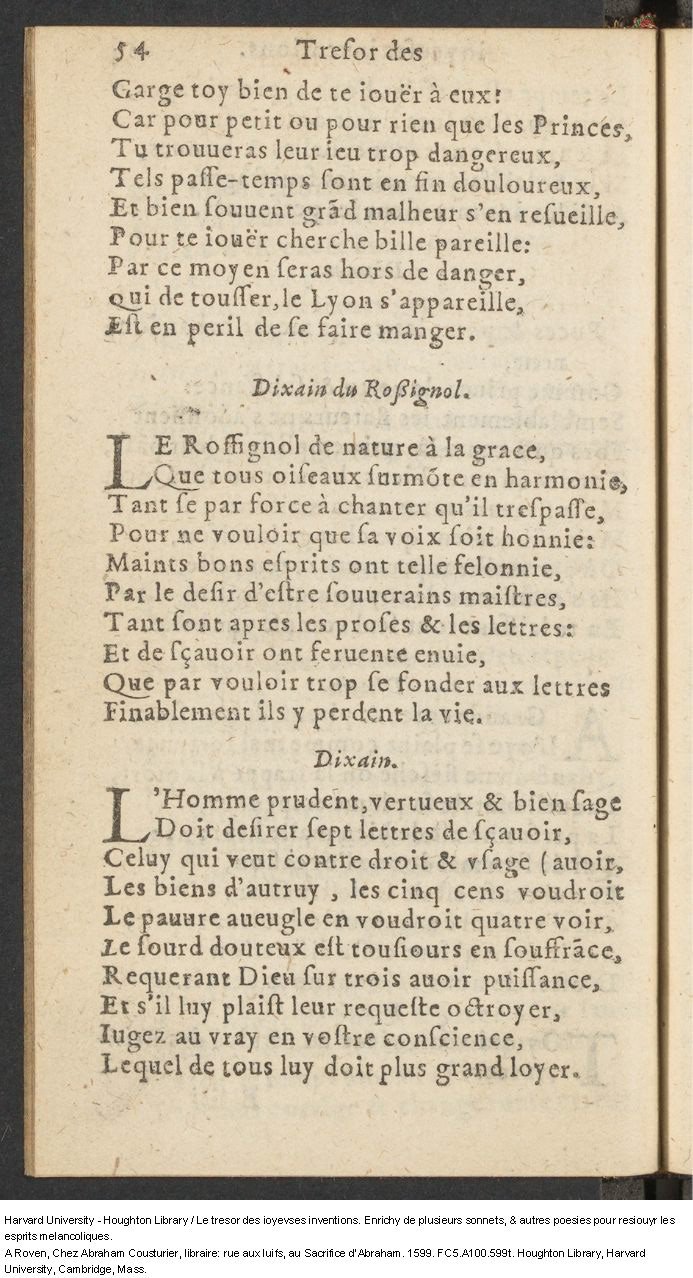 1599 - Abraham Le Cousturier - Trésor des joyeuses inventions du parangon de poésies - Harvard University 1599 - Abraham Le Cousturier - Trésor des joyeuses inventions du parangon de poésies - Harvard University