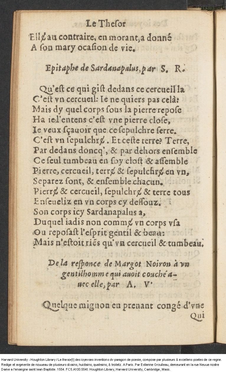 1554 - Étienne Groulleau - Trésor des joyeuses inventions du parangon de poésies - Harvard University
