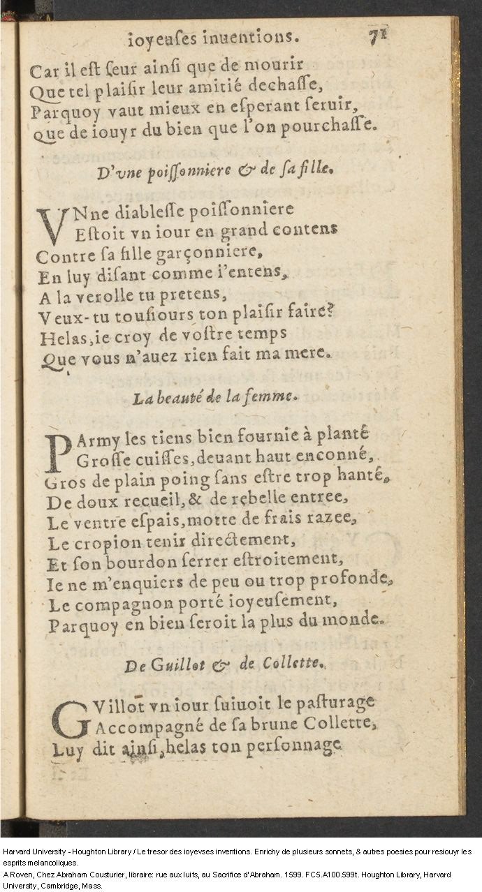 1599 - Abraham Le Cousturier - Trésor des joyeuses inventions du parangon de poésies - Harvard University 1599 - Abraham Le Cousturier - Trésor des joyeuses inventions du parangon de poésies - Harvard University
