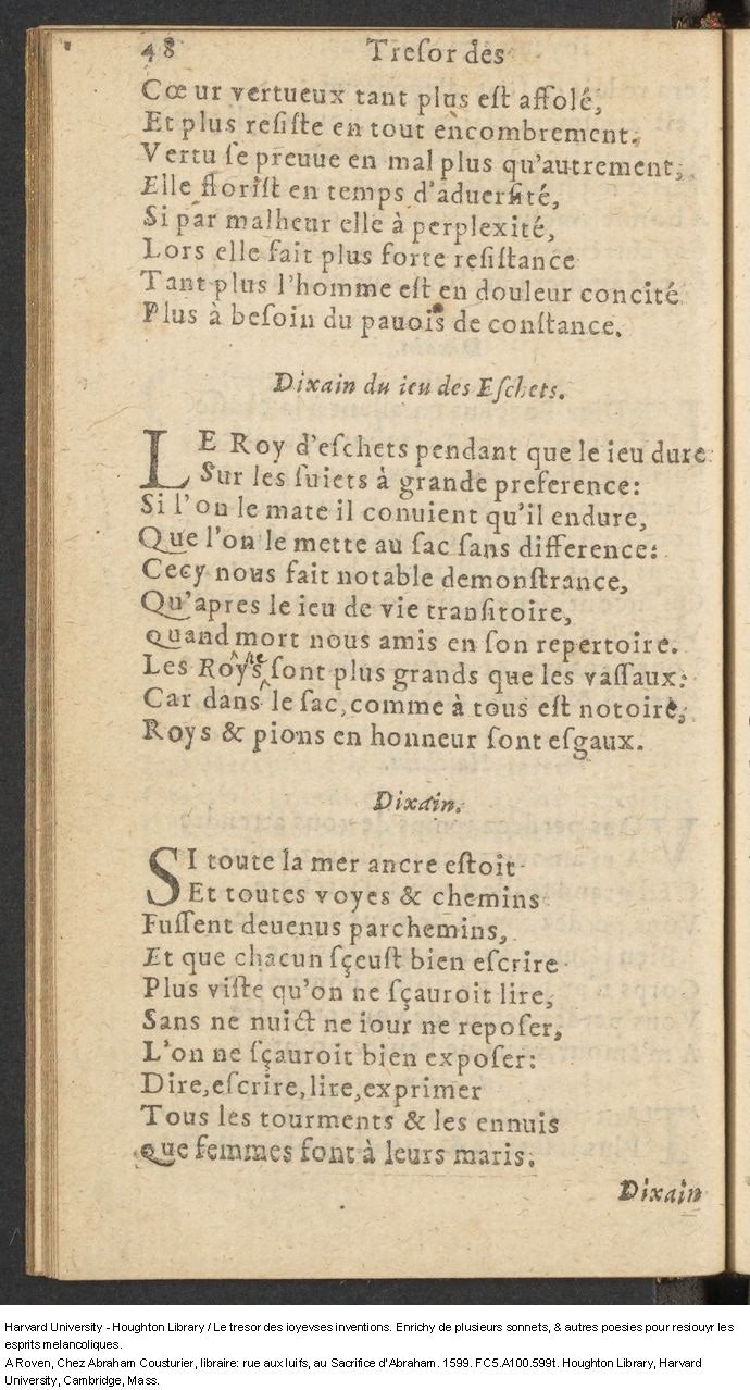 1599 - Abraham Le Cousturier - Trésor des joyeuses inventions du parangon de poésies - Harvard University 1599 - Abraham Le Cousturier - Trésor des joyeuses inventions du parangon de poésies - Harvard University
