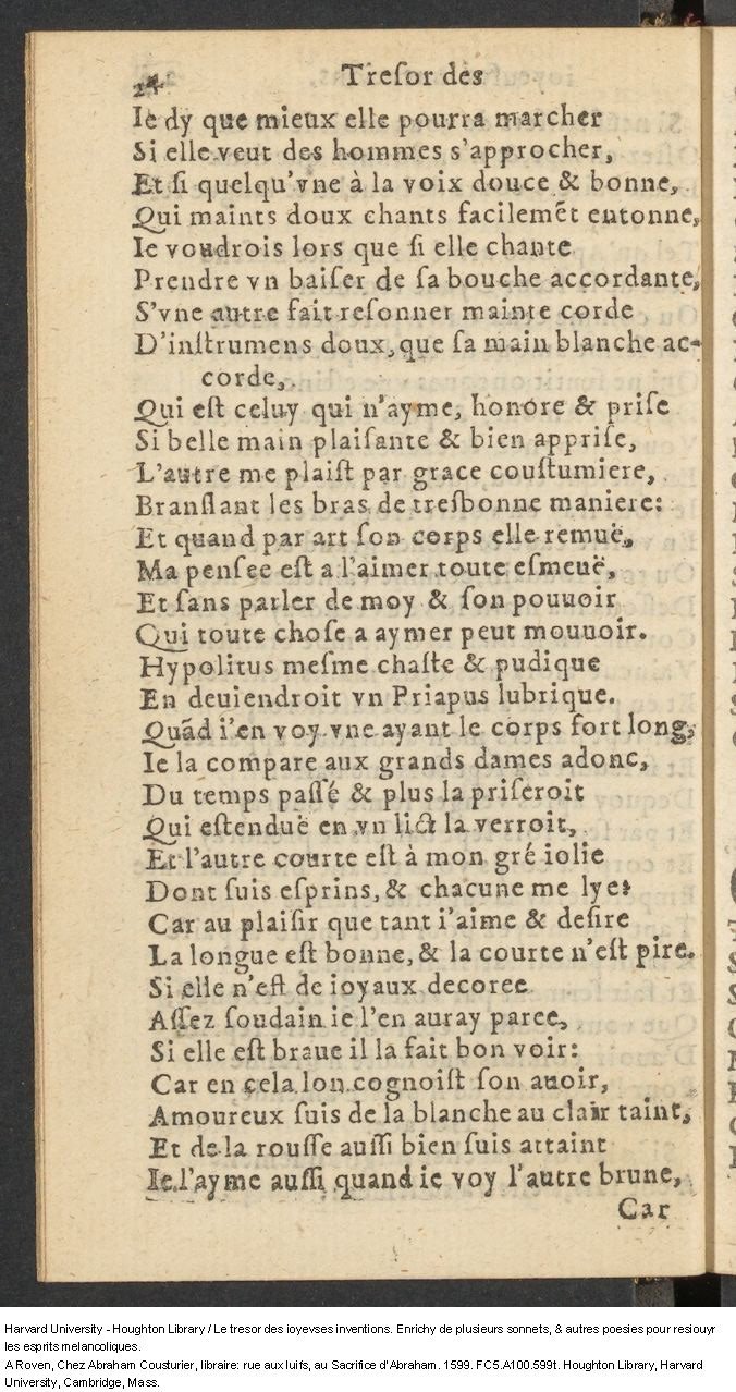 1599 - Abraham Le Cousturier - Trésor des joyeuses inventions du parangon de poésies - Harvard University 1599 - Abraham Le Cousturier - Trésor des joyeuses inventions du parangon de poésies - Harvard University