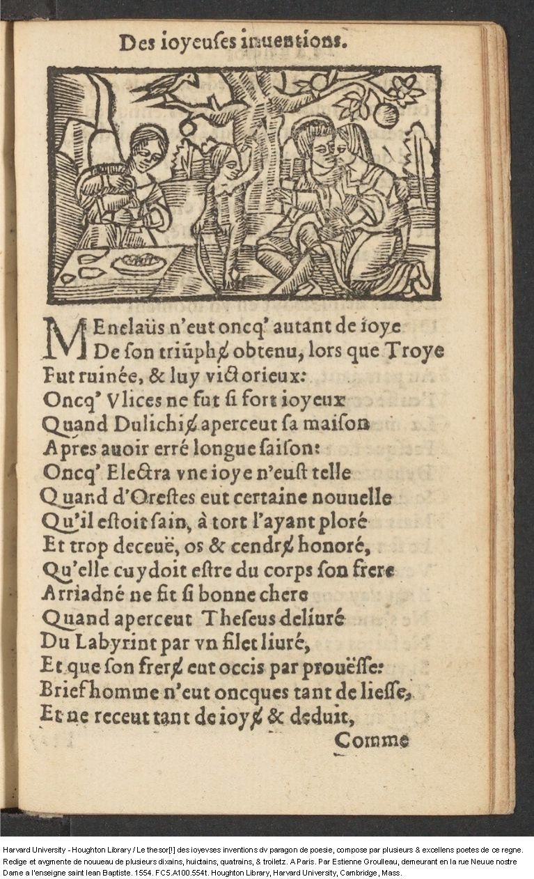 1554 - Étienne Groulleau - Trésor des joyeuses inventions du parangon de poésies - Harvard University