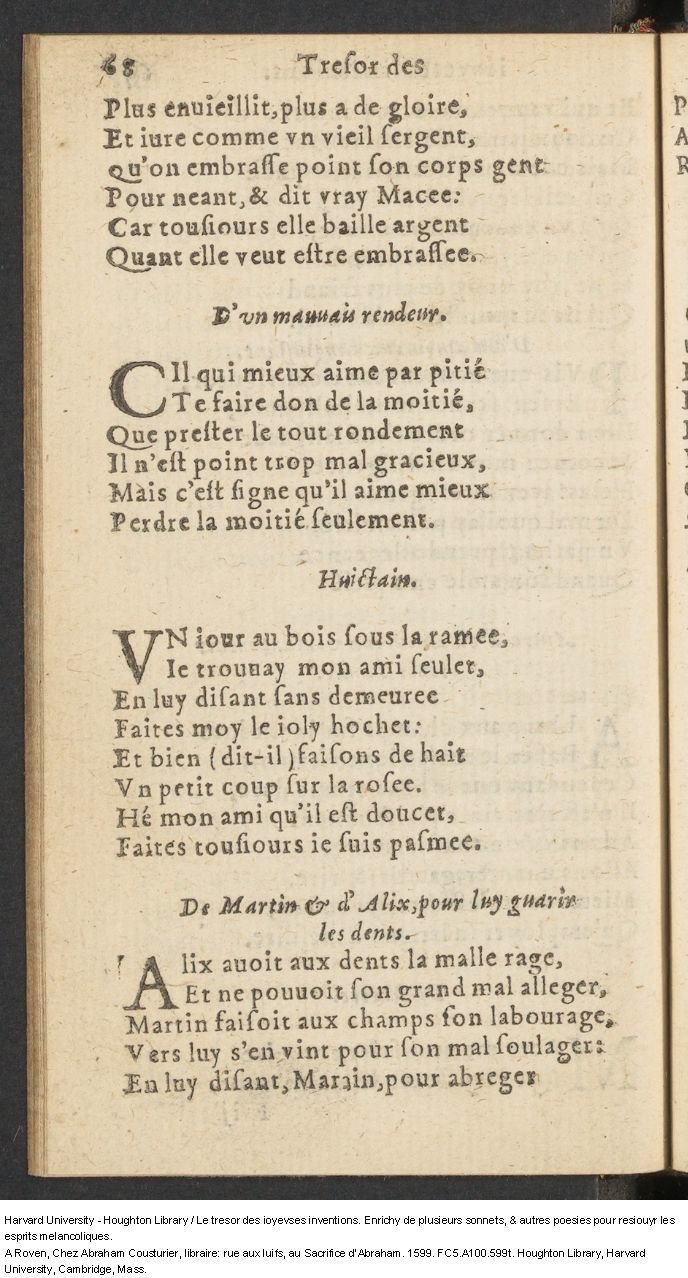 1599 - Abraham Le Cousturier - Trésor des joyeuses inventions du parangon de poésies - Harvard University 1599 - Abraham Le Cousturier - Trésor des joyeuses inventions du parangon de poésies - Harvard University