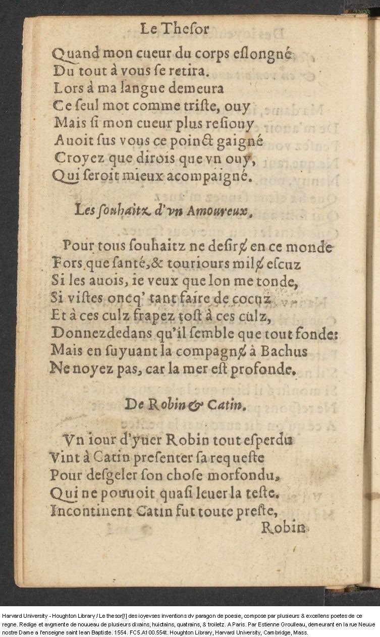 1554 - Étienne Groulleau - Trésor des joyeuses inventions du parangon de poésies - Harvard University