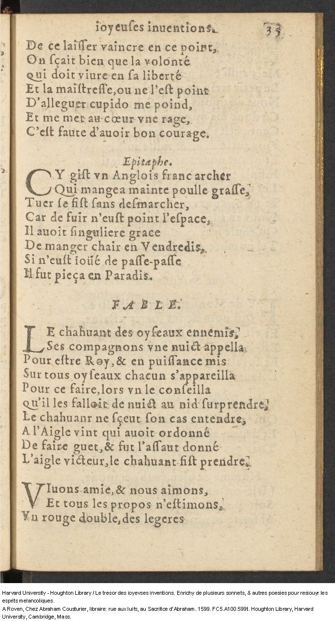 1599 - Abraham Le Cousturier - Trésor des joyeuses inventions du parangon de poésies - Harvard University 1599 - Abraham Le Cousturier - Trésor des joyeuses inventions du parangon de poésies - Harvard University