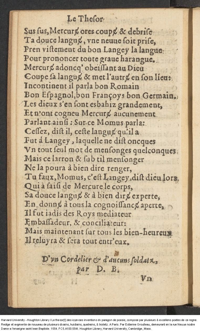 1554 - Étienne Groulleau - Trésor des joyeuses inventions du parangon de poésies - Harvard University