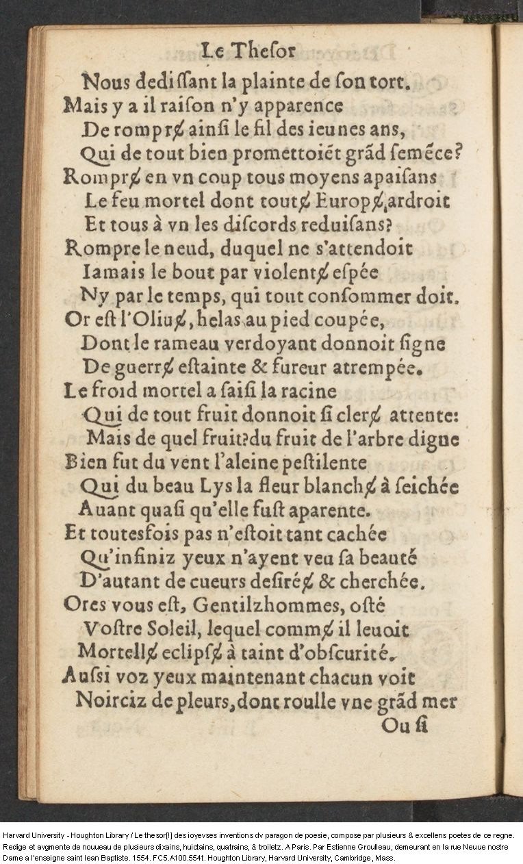 1554 - Étienne Groulleau - Trésor des joyeuses inventions du parangon de poésies - Harvard University