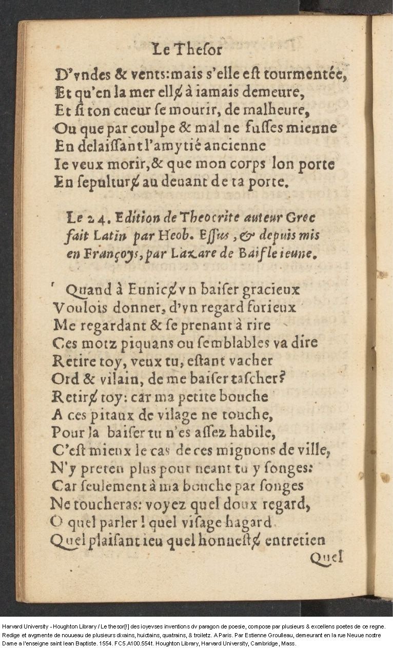 1554 - Étienne Groulleau - Trésor des joyeuses inventions du parangon de poésies - Harvard University