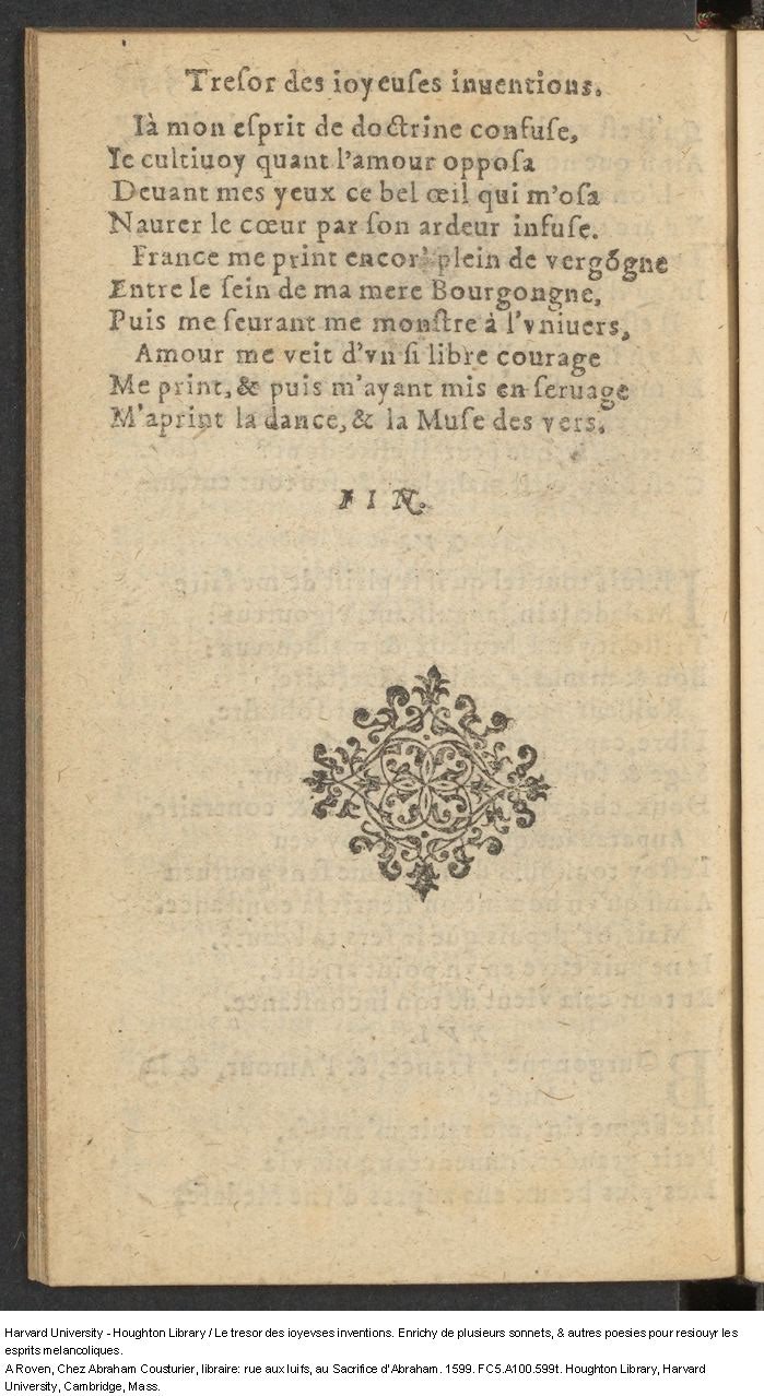 1599 - Abraham Le Cousturier - Trésor des joyeuses inventions du parangon de poésies - Harvard University 1599 - Abraham Le Cousturier - Trésor des joyeuses inventions du parangon de poésies - Harvard University