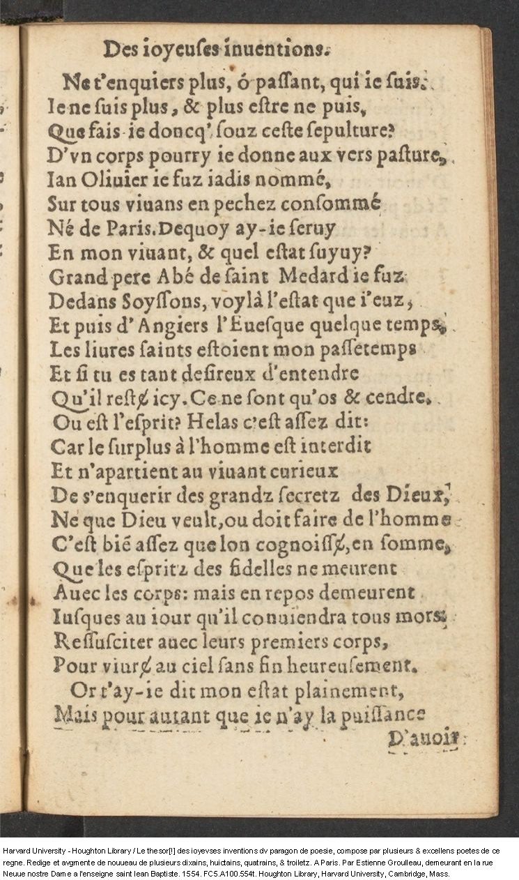 1554 - Étienne Groulleau - Trésor des joyeuses inventions du parangon de poésies - Harvard University