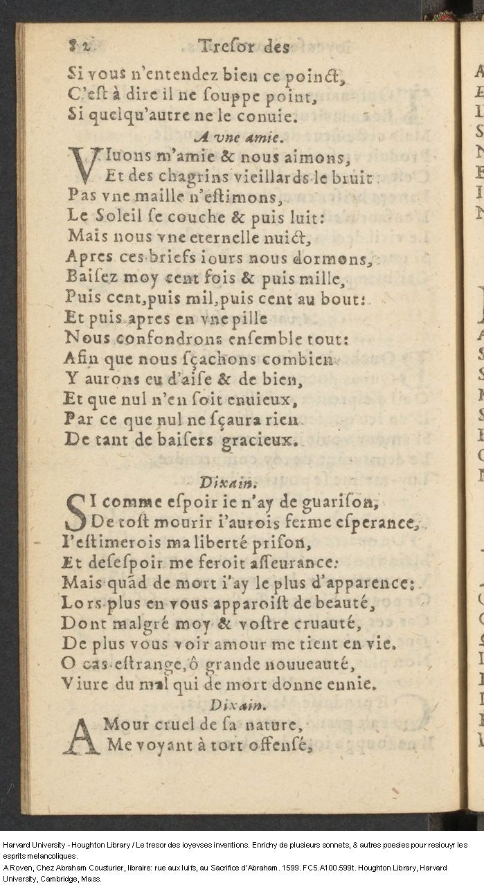 1599 - Abraham Le Cousturier - Trésor des joyeuses inventions du parangon de poésies - Harvard University 1599 - Abraham Le Cousturier - Trésor des joyeuses inventions du parangon de poésies - Harvard University