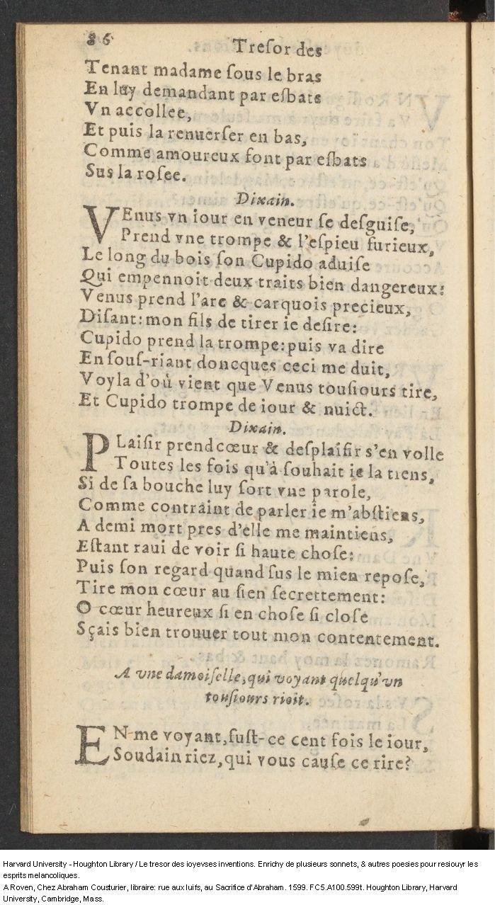 1599 - Abraham Le Cousturier - Trésor des joyeuses inventions du parangon de poésies - Harvard University 1599 - Abraham Le Cousturier - Trésor des joyeuses inventions du parangon de poésies - Harvard University