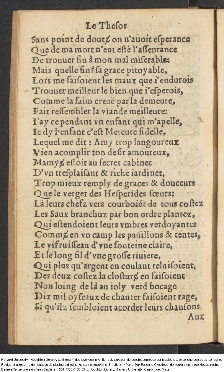 1554 - Étienne Groulleau - Trésor des joyeuses inventions du parangon de poésies - Harvard University